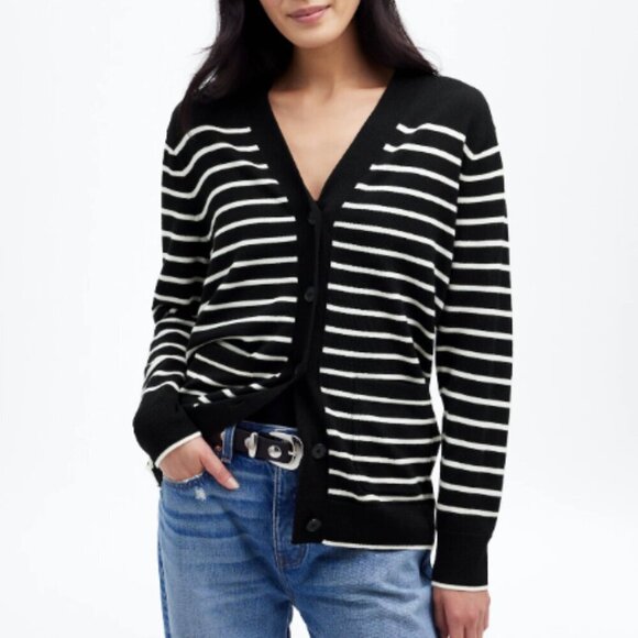 Madewell Sweaters - Madewell Women's Size Small Black White Striped Merino Wool Boyfriend Cardigan